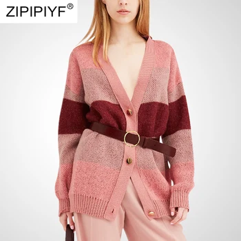 2020 нов модерен пролетен женски топло вязаный пуловер в стил мозайка с v-образно деколте и колан, жилетки, палта-големи размери, LanKa07