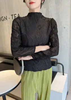 2022 Miyake плиссированная дамски однотонная женска тениска, модерен универсален дъното с дълги ръкави, плиссированный топ с бродерия