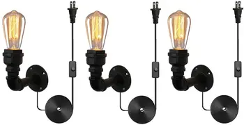 3 Опаковки на Промишлени Железен Стенни аплици в стил газопроводни тръби, с монтиран на стената лампа в стил steampunk, Сменяем кабел и ключ, Черен Метален Стенен лампа