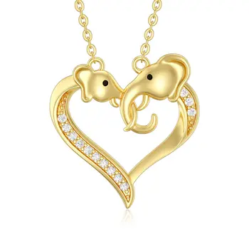 YFN 14К Истинско Златно Сърце Любов Колиета за Мама и Дъщеря Жълто Злато Щастлив Слон Висулка Колие Сърце Животни Бижута