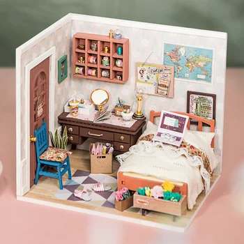 Ан Спалня детска куклена къща сам куклена къща комплект Дървени Мебели Миниатюрен Куклена Къща да се Съберат Къща Детски Подарък Играчка-Пъзел игра За Възрастни