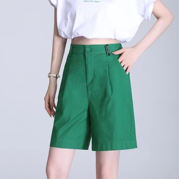 Дамски къси панталони и панталони за Лятото 2021 г., Нов дамски панталон с висока талия и широки тънки штанинами с големи зелени штанами Ins.