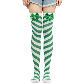 Дамски Шарени Чорапи с Дължина Над Коляното, Коледни Зелени Червени Чорапи с Лък, Директна Доставка