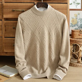 Зимна чист вълнен пуловер, мъжки половината turtlenecks, дебели монофонични жаккардовый пуловер на средна възраст с диаманти, всекидневни пуловер
