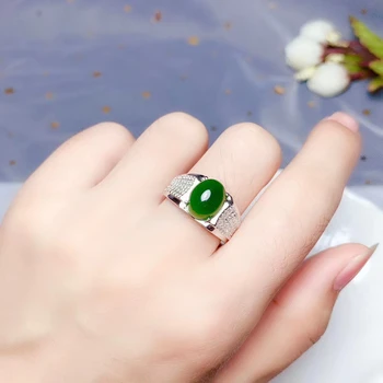 изискан зелен Hotan нефритовое пръстен за мъже сребърни бижута натурален скъпоценен камък истинско сребро 925 проба подарък бойфренду щастлив камък