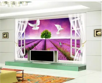 Изработена по поръчка фотообоя на стената 3d тапети Прозорец пейзаж лавандула гълъб начало декор хол тапети за стените, 3 d, на роли