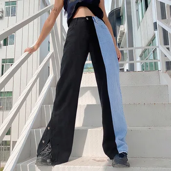 Луксозни Дамски Улични Панталони Корейската Мода 2021 Контрастен Цвят С Намаляване На Преките Дънкови Панталони С Висока Талия Черни Дънкови Панталони