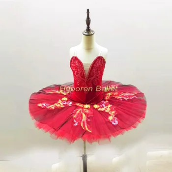 Ново записване, Балетное рокля с лебед за състезания Червен цвят, с професионална Испанска балетната поличка за 