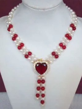 очарователно ! 2 редица Сладководни Бели Перли 7-8 мм и Червени Рубиновых Орнаменти във формата на Сърце