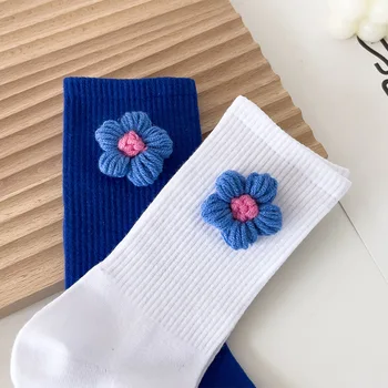 Синьо-бели дамски чорапи с обемен цветен Модел, Тенденцията на чорапите до Коляното в Спортен стил, дамски чорапи със средна дължина